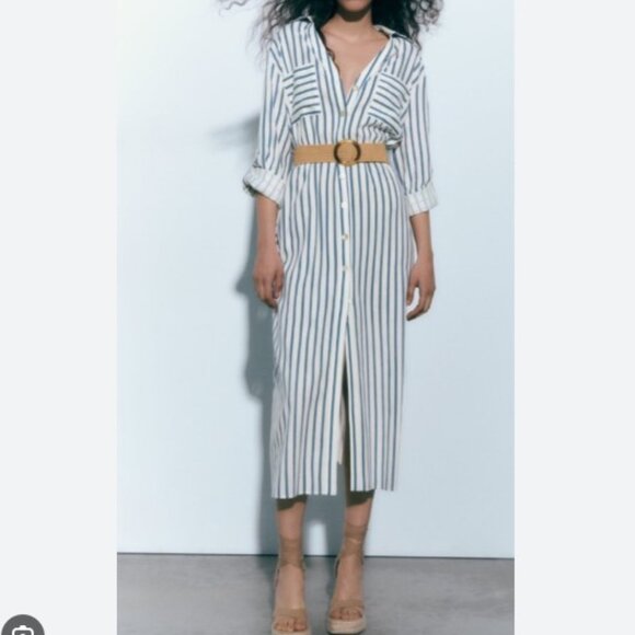 Blue and White stripe shirt dress midi with tan belt size medium 6-8 - Picture 3 of 13